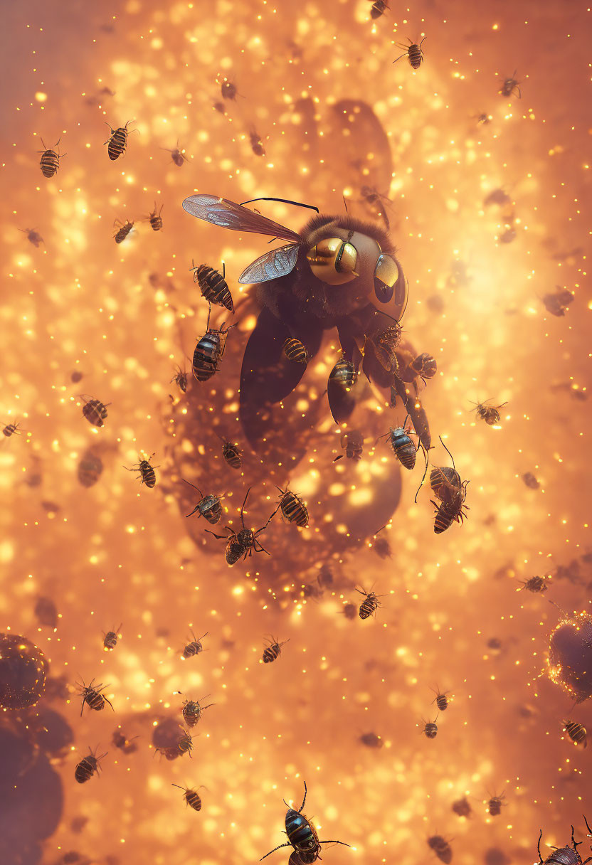 Swarm of Bees with Large Central Bee in Amber Background