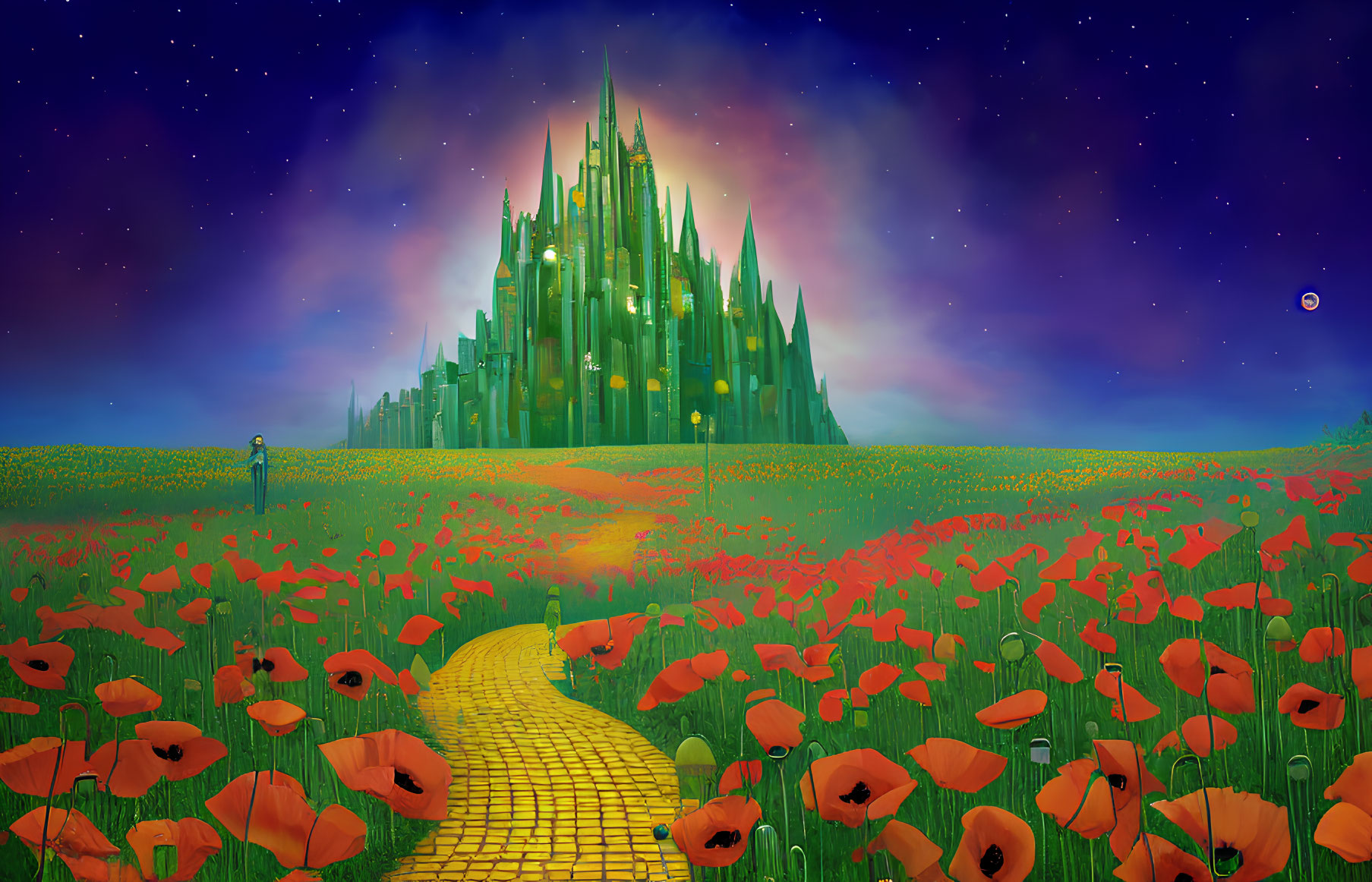 Illustration of Emerald City with yellow brick road, poppy field, and starry night sky