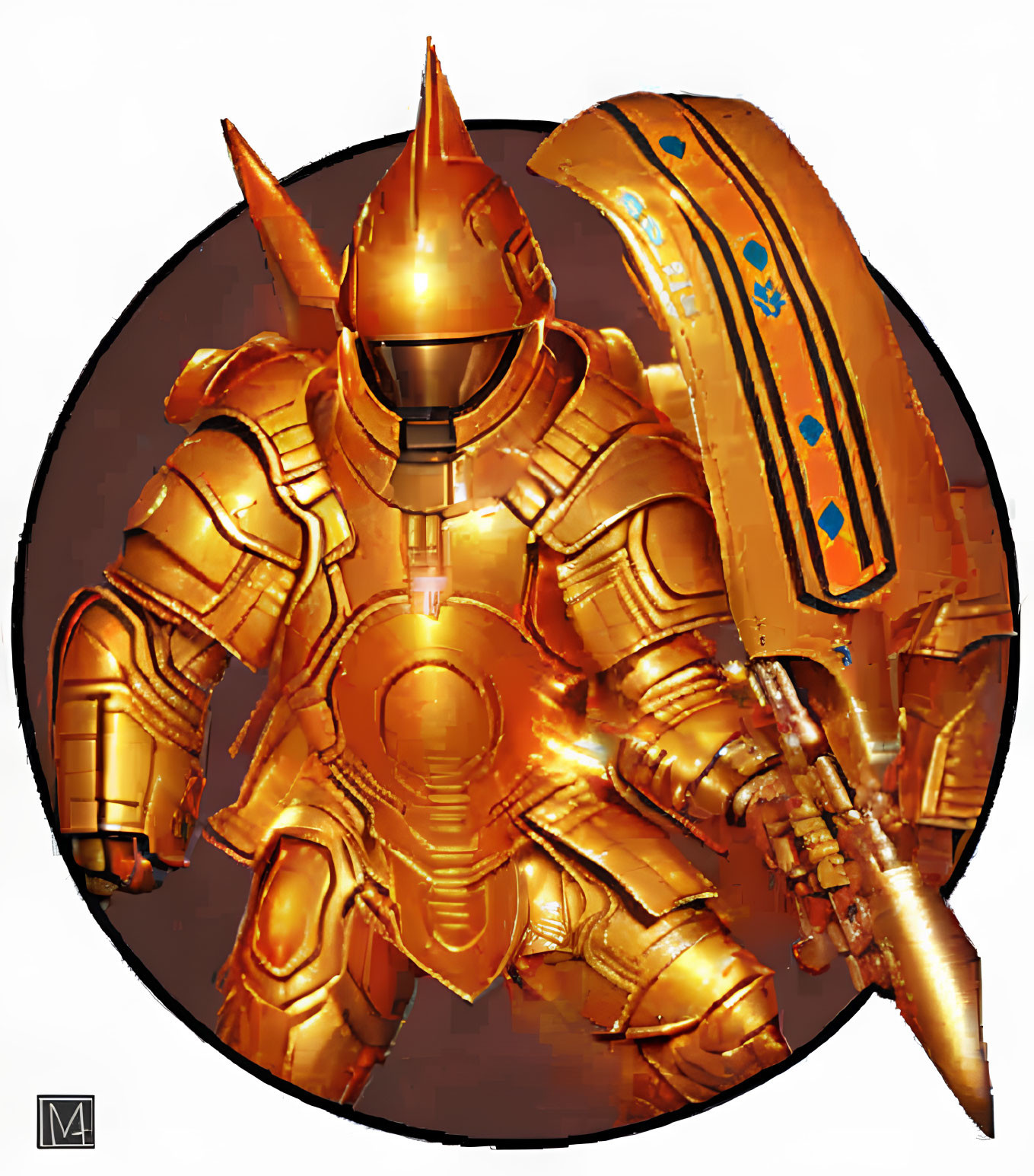 Golden-armored figure with helmet and shield featuring blue details