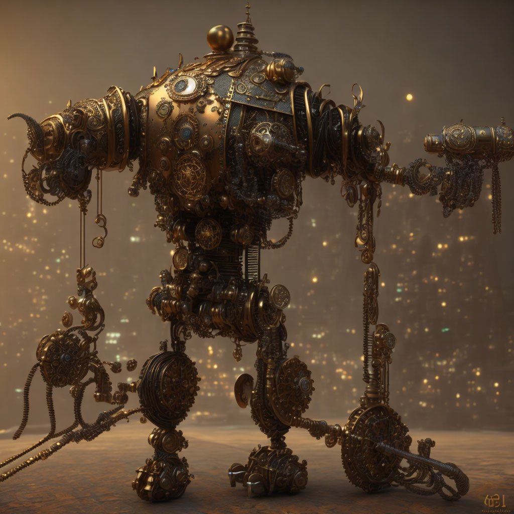 Intricate steampunk robot with glowing city lights at dusk