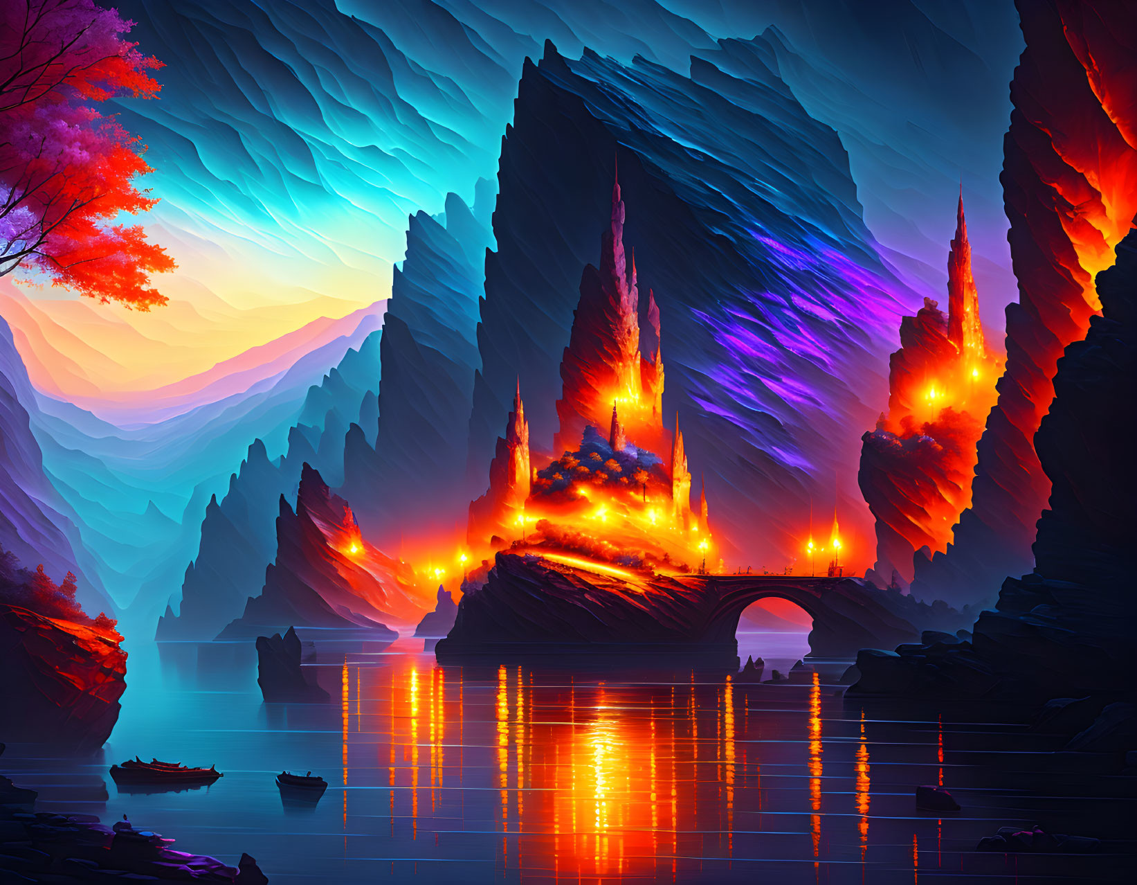 Digital artwork: Fantasy landscape with fiery peaks, serene lake, stone bridge, boat, dramatic sky