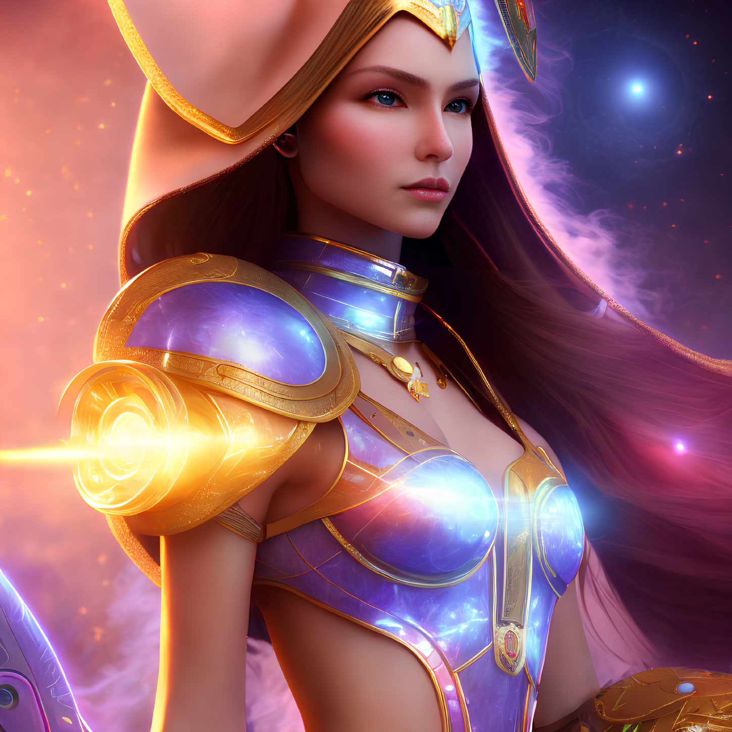 Futuristic digital artwork of female warrior in golden armor