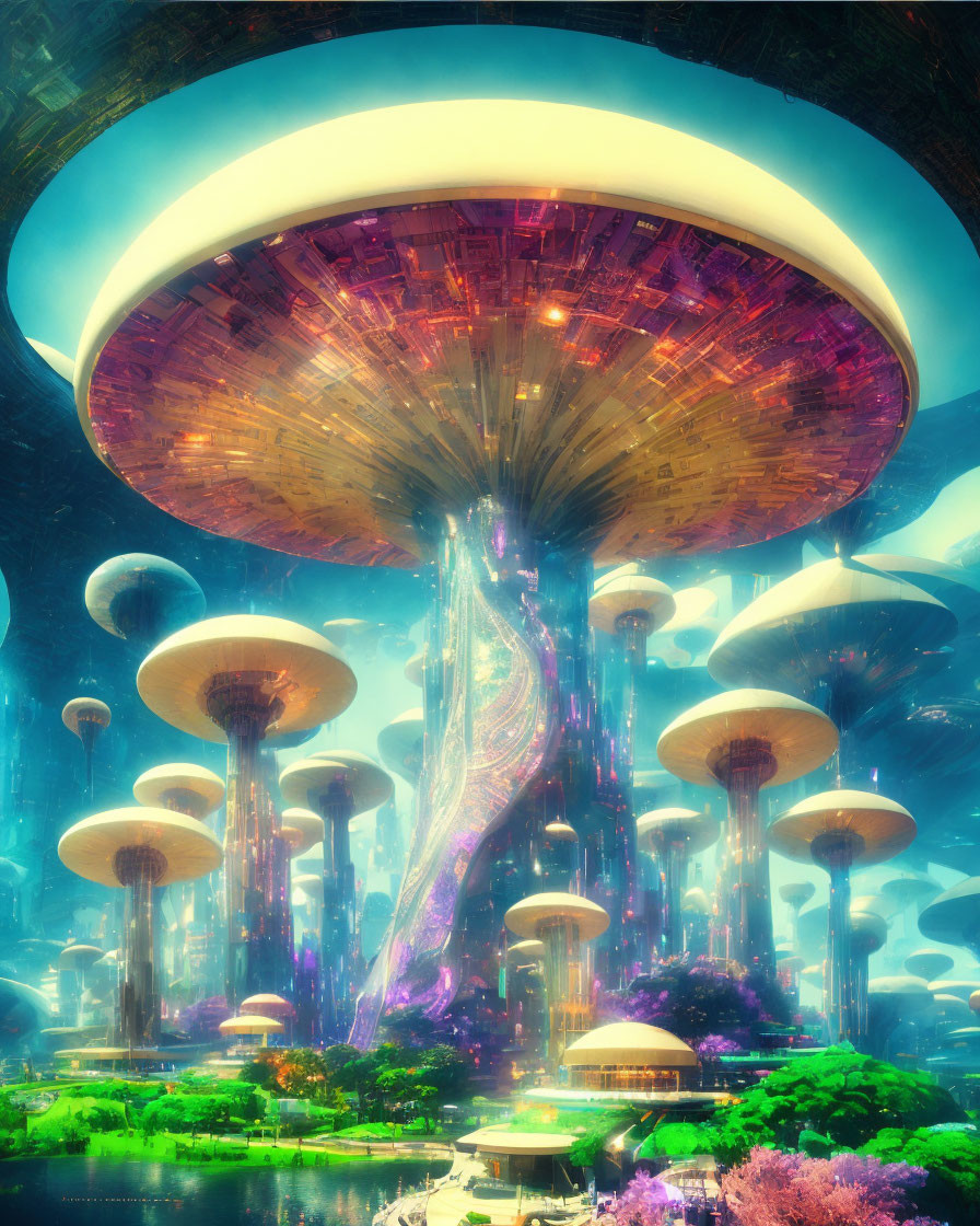 Luminous cityscape with towering mushroom structures and waterfalls