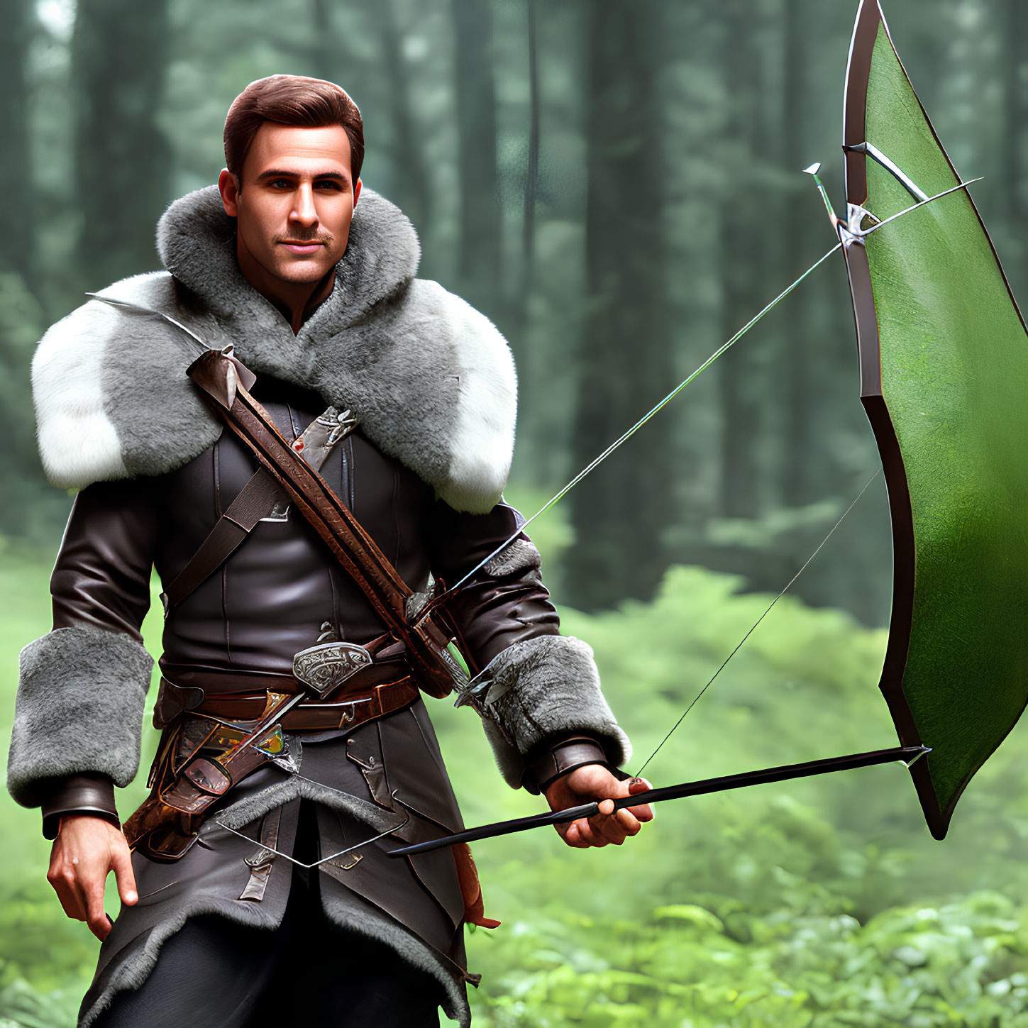 Digital artwork: Man in medieval attire with bow in forest with fog.