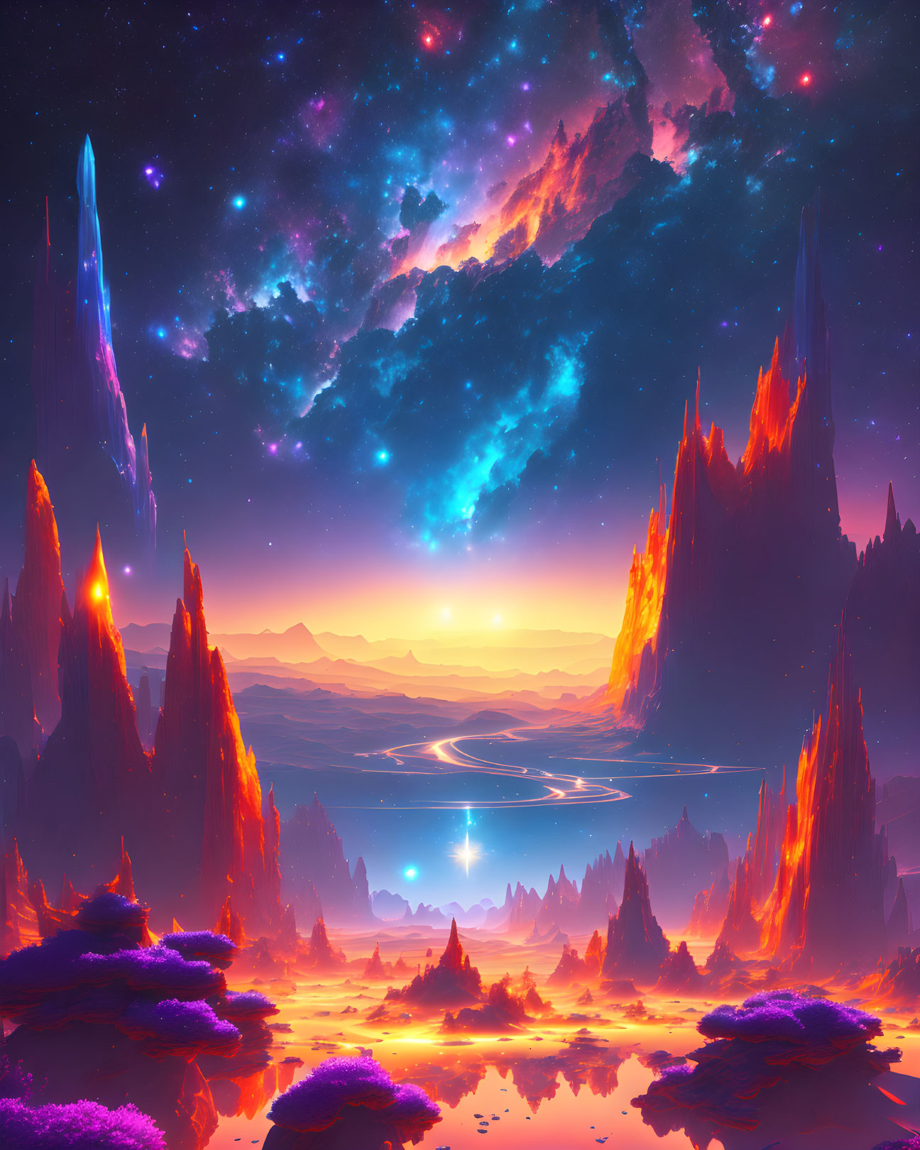 Vivid Digital Artwork: Fantastical Cosmic Landscape with Glowing Hues