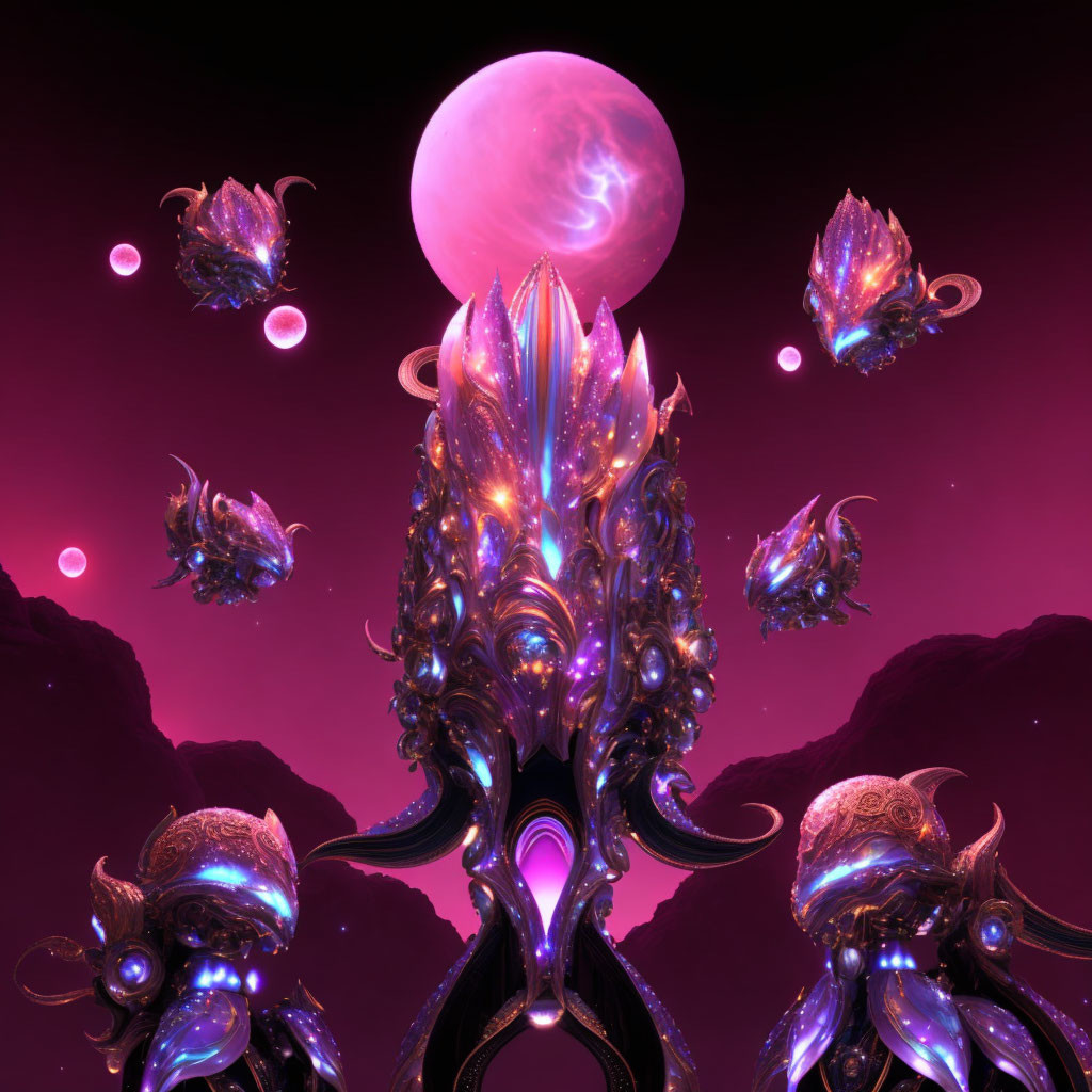 Vibrant sci-fi scene: bio-mechanical structures, floating orbs, large pink moon,