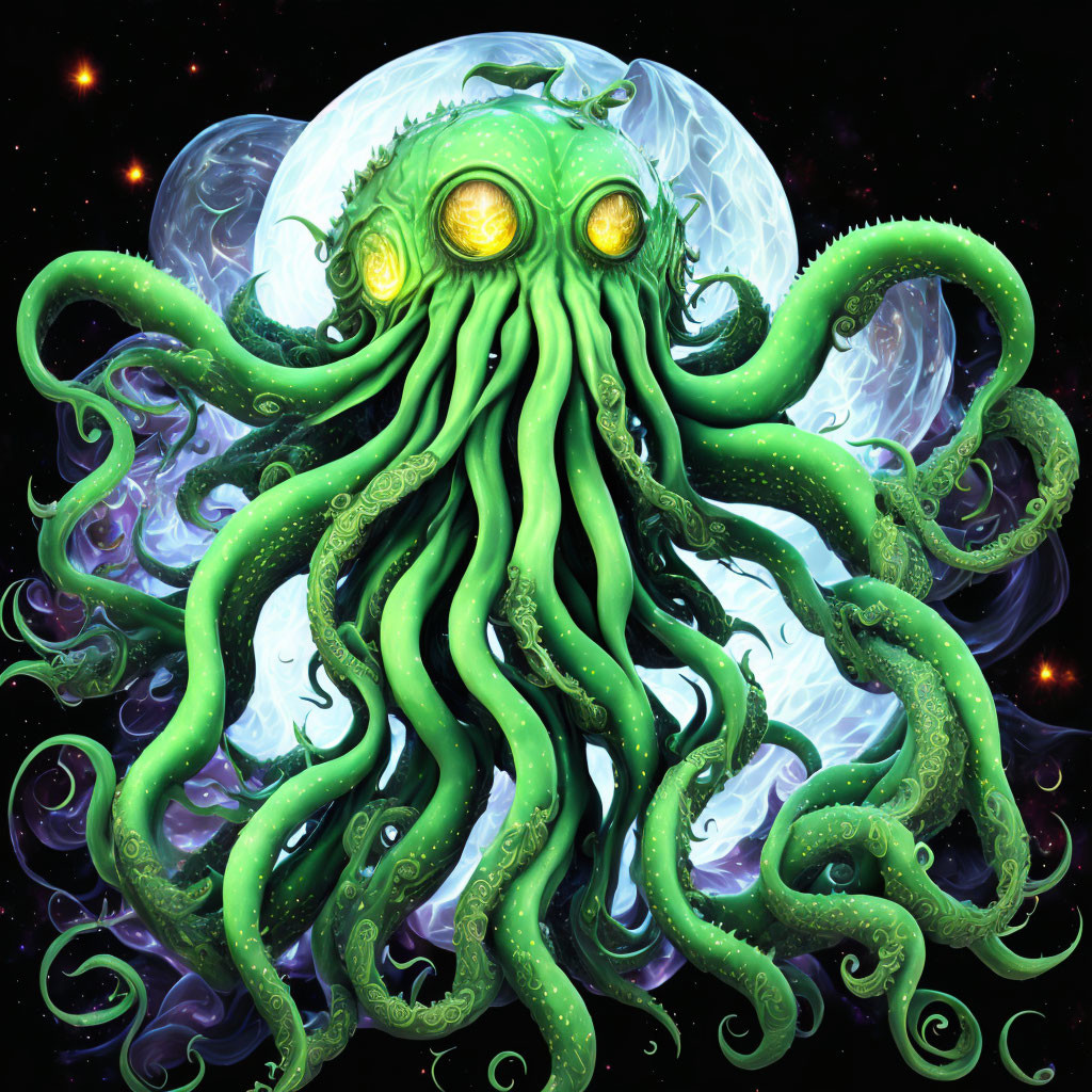 Colorful cosmic entity with green tentacles and yellow eyes in space setting with two moons