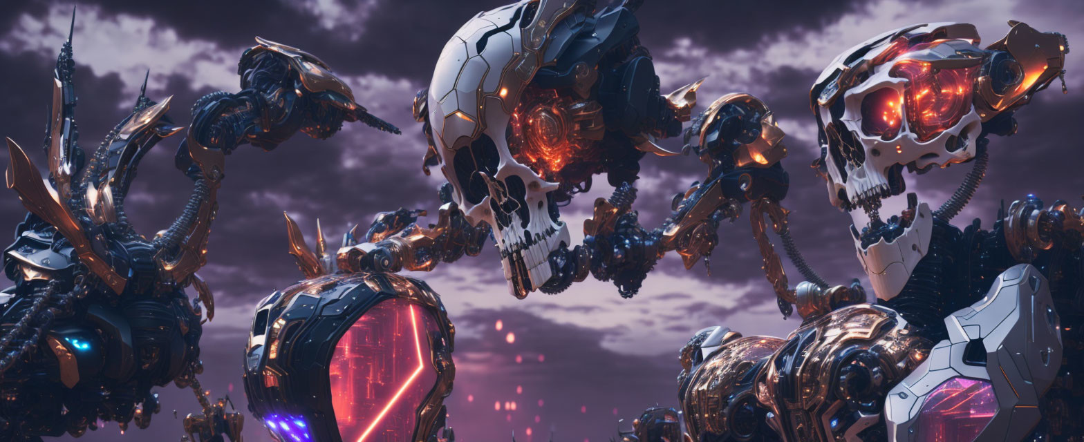 Robotic creatures with skull-like heads in combat under a purple sky