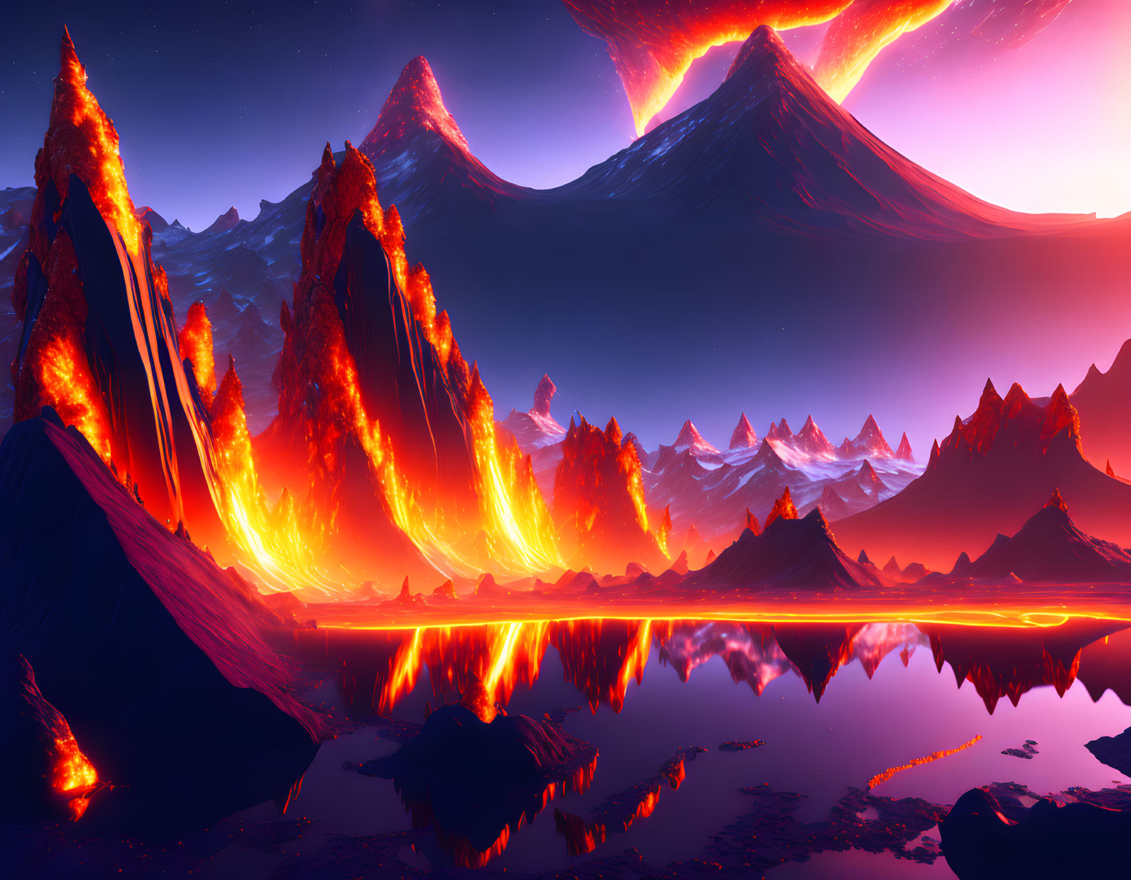 Molten lava landscape with sharp peaks and tranquil lake