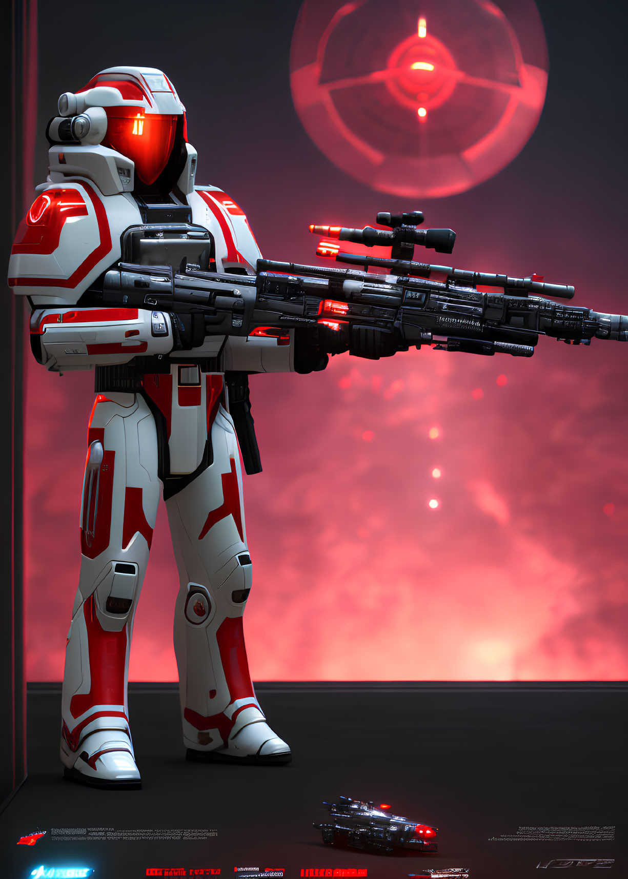 Futuristic red and white armored soldier with complex rifle and glowing red emblem