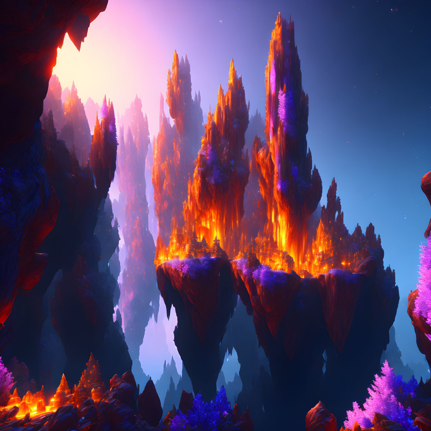 Fantasy landscape digital artwork with floating rock formations above purple forest