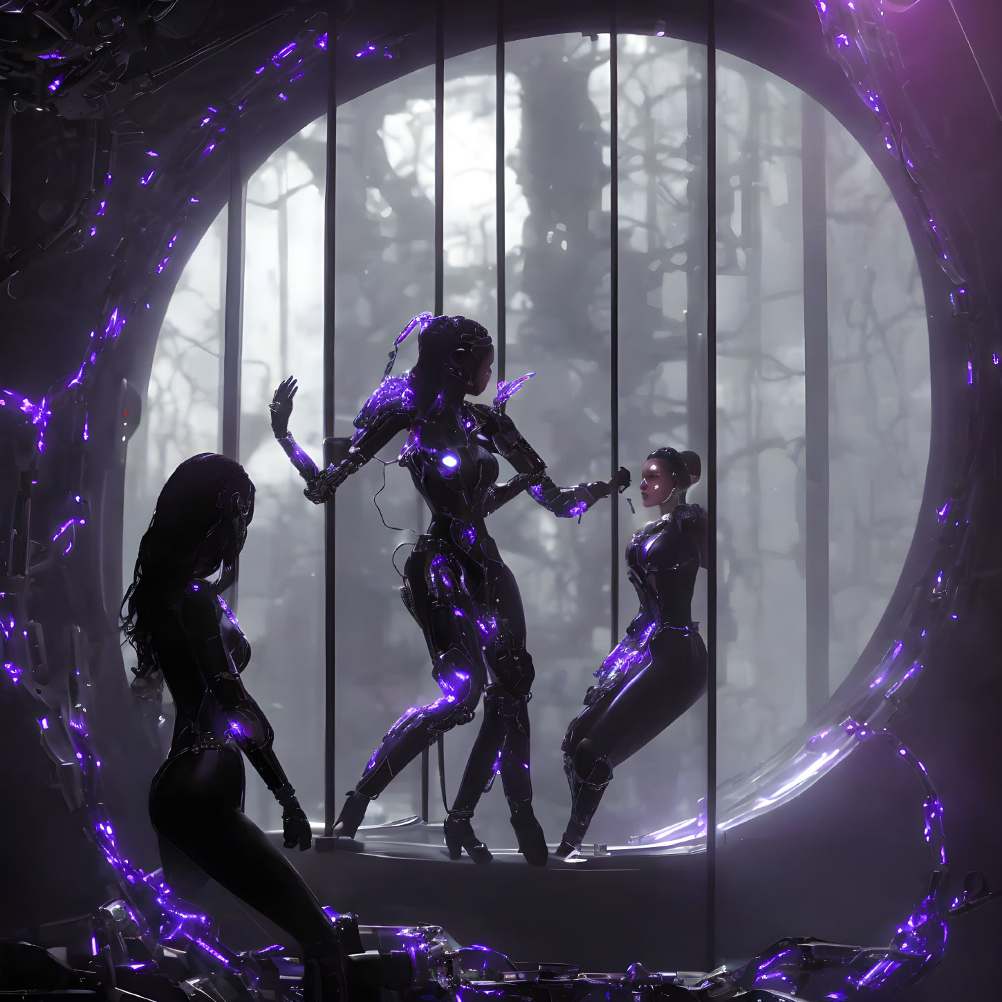 Three glowing purple futuristic female figures in forest setting with circular portal