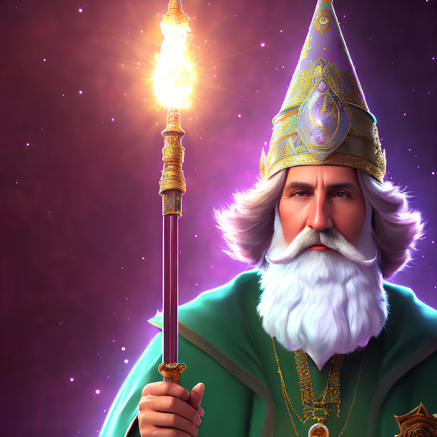 Majestic wizard with white beard, ornate hat, and glowing staff on purple backdrop