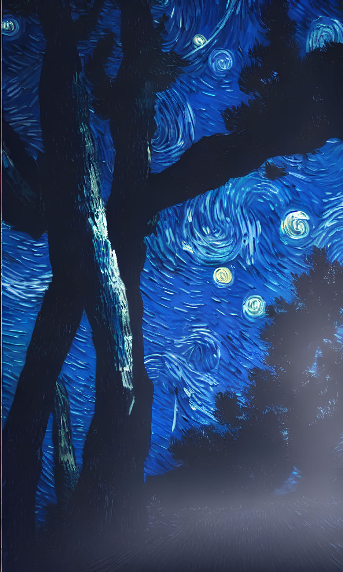 Forest Silhouette Night Scene with Van Gogh-style Starry Sky