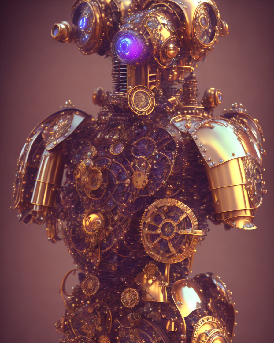 Intricate Steampunk Robot with Brass Gears and Purple Accents