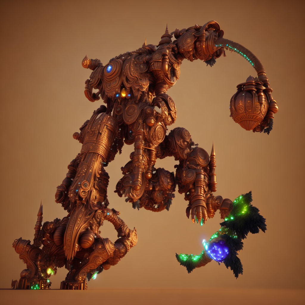 Steampunk-style robotic creature with wooden and metallic elements