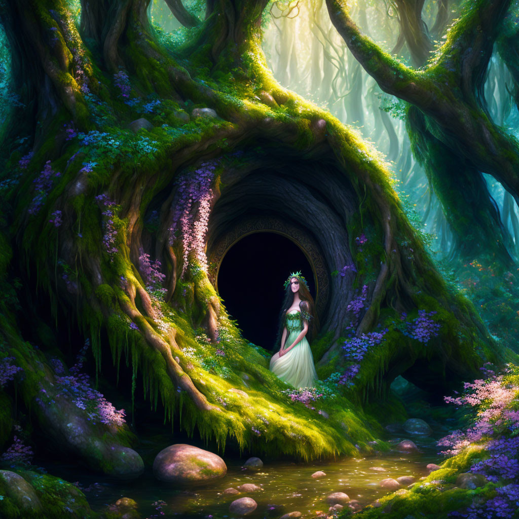 Woman in white dress by hollow tree in vibrant forest