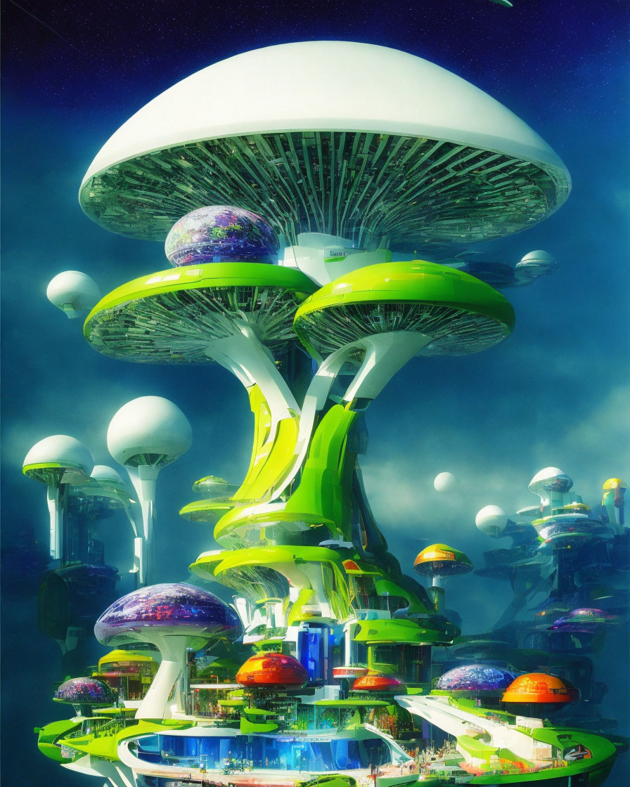 Futuristic cityscape with mushroom-shaped buildings and floating orbs in neon-lit setting