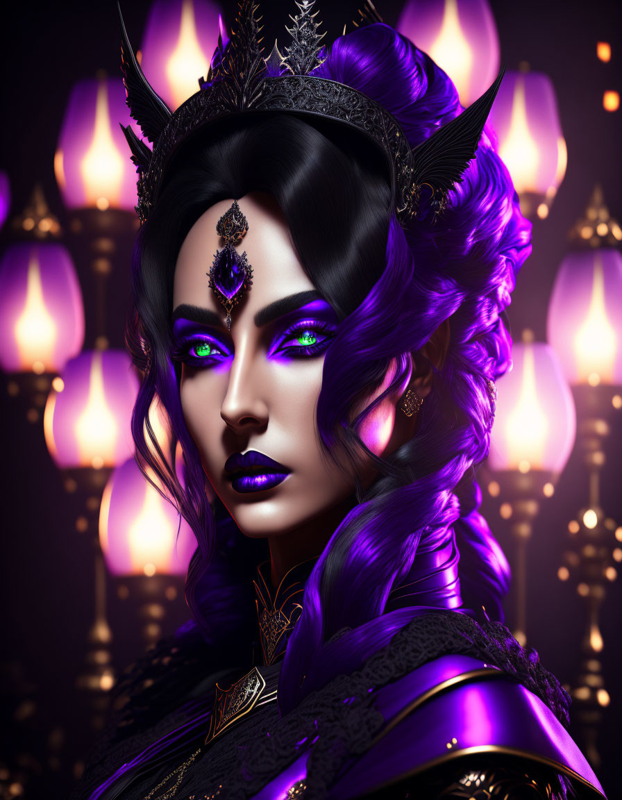 Digital art portrait of woman with purple skin, dark headgear, and vibrant makeup against candlelit backdrop