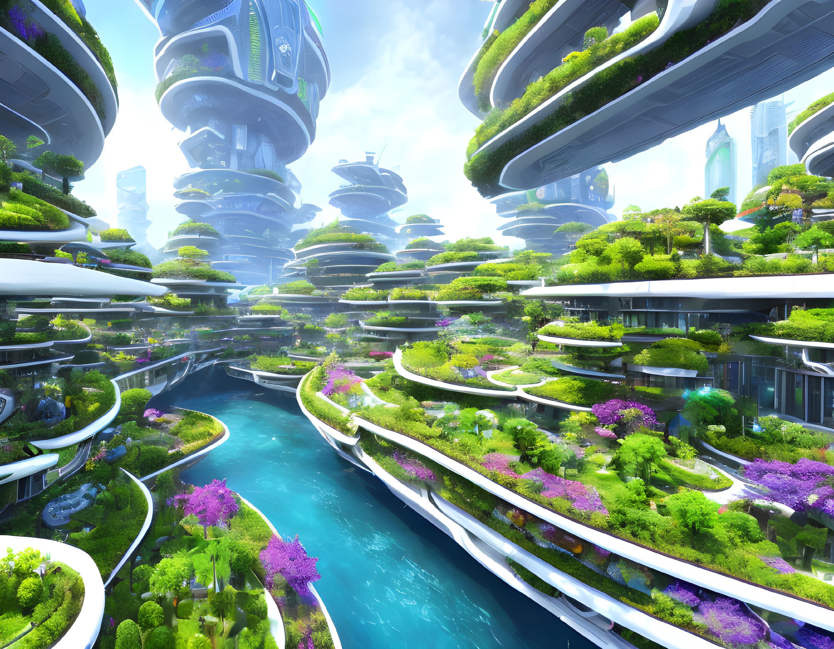 Futuristic cityscape with lush green terraced buildings and advanced architecture