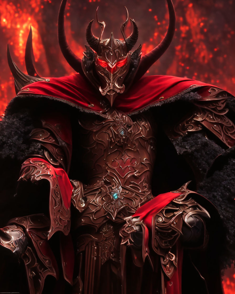 Armored figure with red accents and horned helmet in fiery backdrop