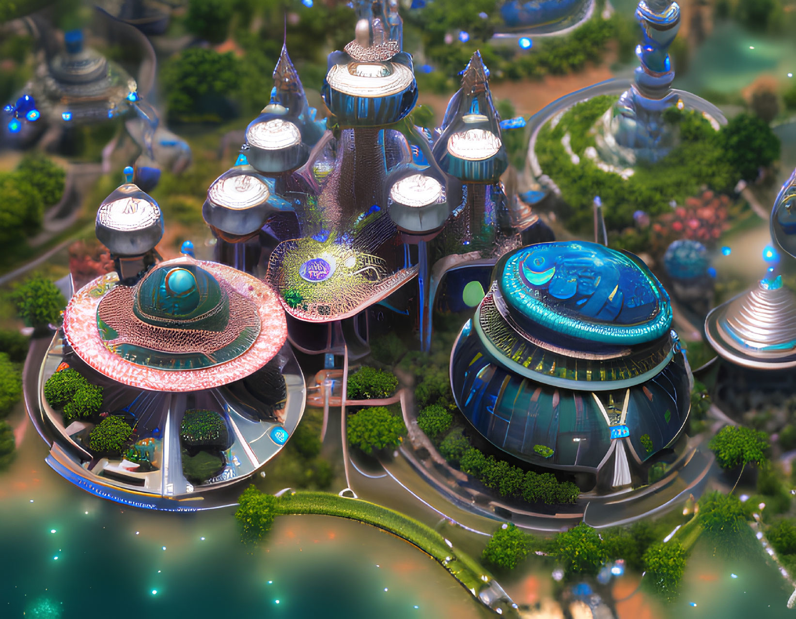 Futuristic cityscape with domed structures and lush greenery