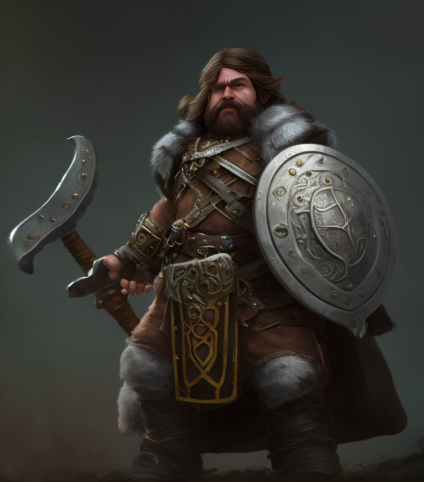 Dwarf warrior with axe, shield, fur armor & intricate designs