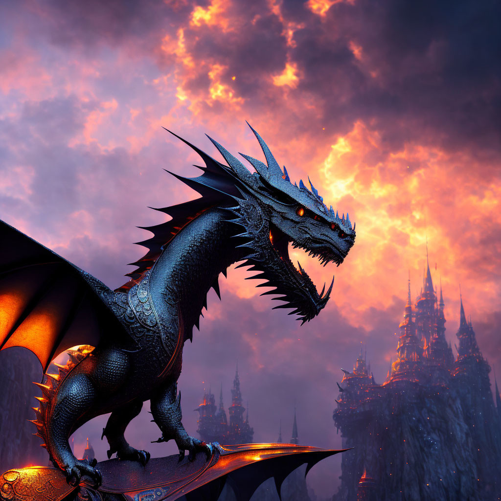 Majestic black dragon on cliff with fiery sky and castle.