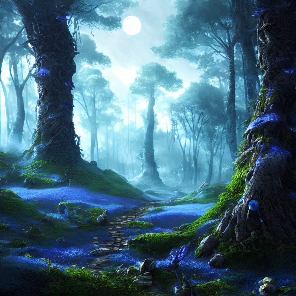 Enchanting Blue Forest with Luminous Flora and Moonlit Path