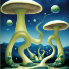 Enchanted forest scene with oversized glowing mushrooms