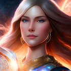 Digital portrait of woman with blue eyes, golden earrings, and magical artifact against fiery backdrop