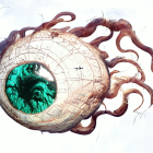 Fantastical creature with large eye, spiraling pupil, gear-like textures, tentacles, cloudy