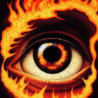 Intense orange and yellow flames surrounding a human eye illustration