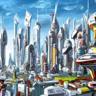 Futuristic cityscape with skyscrapers, flying vehicles, and starlit sky