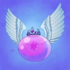 Shiny crown on pink orb with ice-like wings on purple backdrop