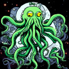 Colorful cosmic entity with green tentacles and yellow eyes in space setting with two moons