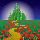 Illustration of Emerald City with yellow brick road, poppy field, and starry night sky