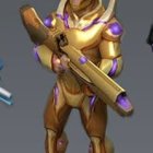 Futuristic soldier in golden power armor with high-tech rifle