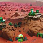 Red desert landscape with green cacti under a hazy sky