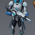 Futuristic robot in white and blue armor with energy weapon & glowing eyes