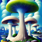 Fantasy illustration: Oversized luminescent mushrooms under cosmic sky