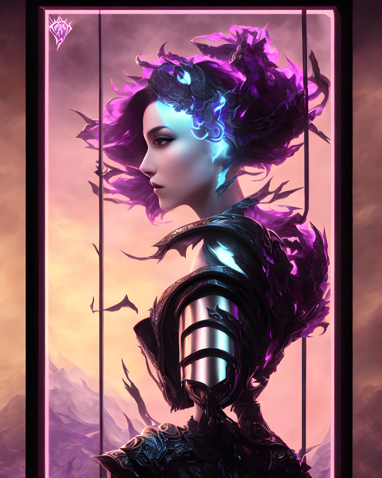 Female character with purple energy hair in futuristic armor against mountainous backdrop