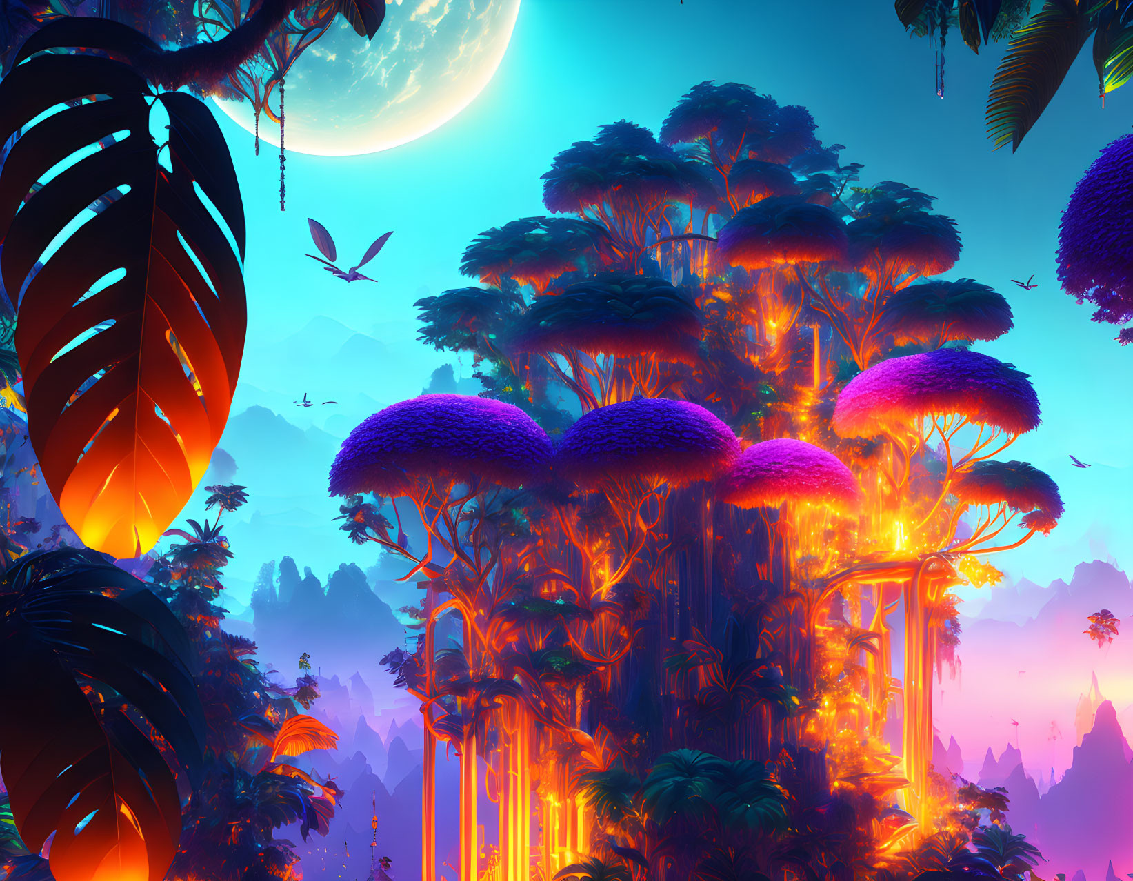 Fantasy forest with oversized mushroom trees and flying creatures