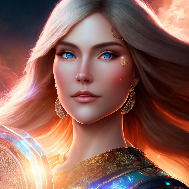 Digital portrait of woman with blue eyes, golden earrings, and magical artifact against fiery backdrop