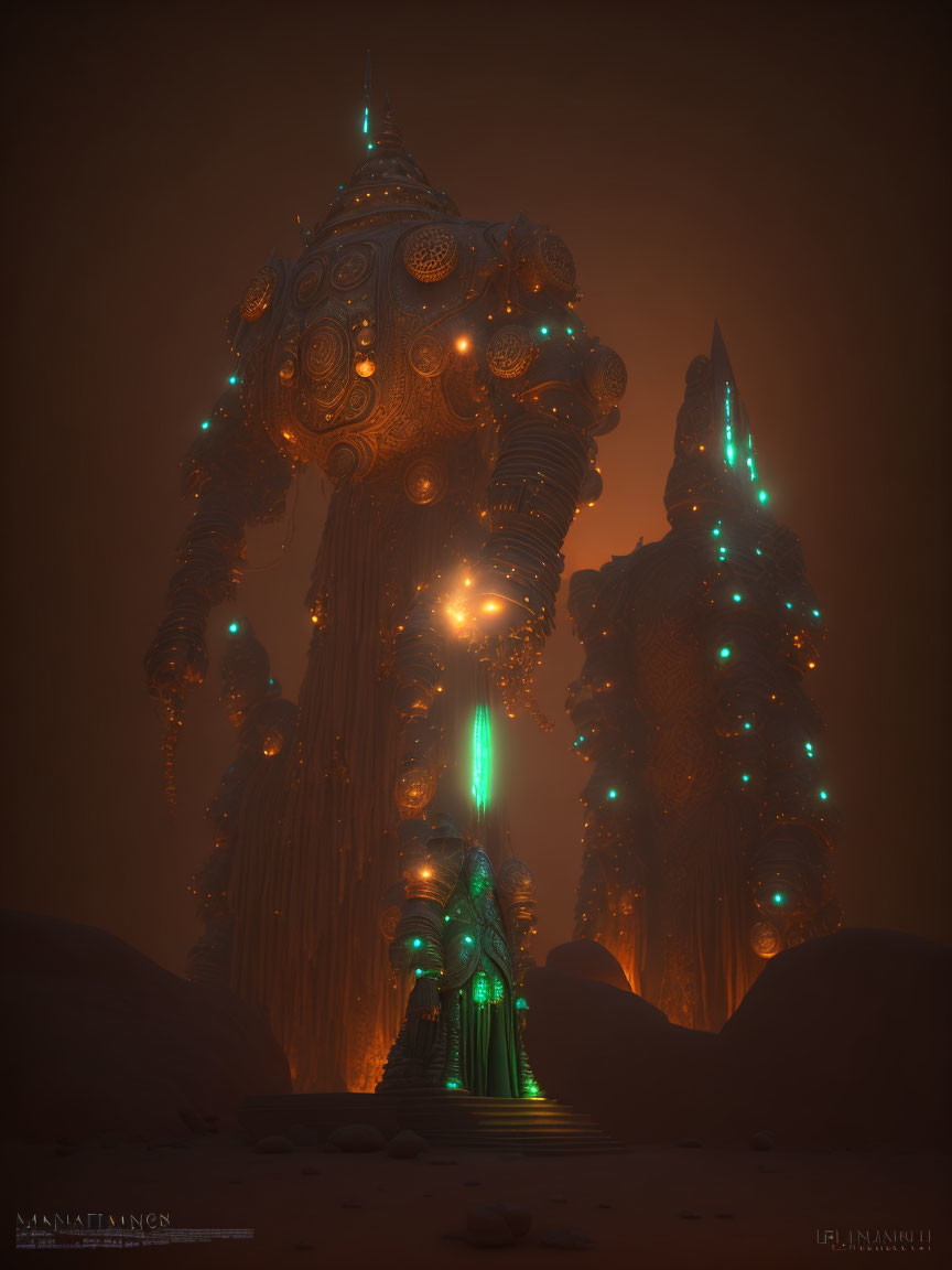 Intricate glowing tower in mystical setting