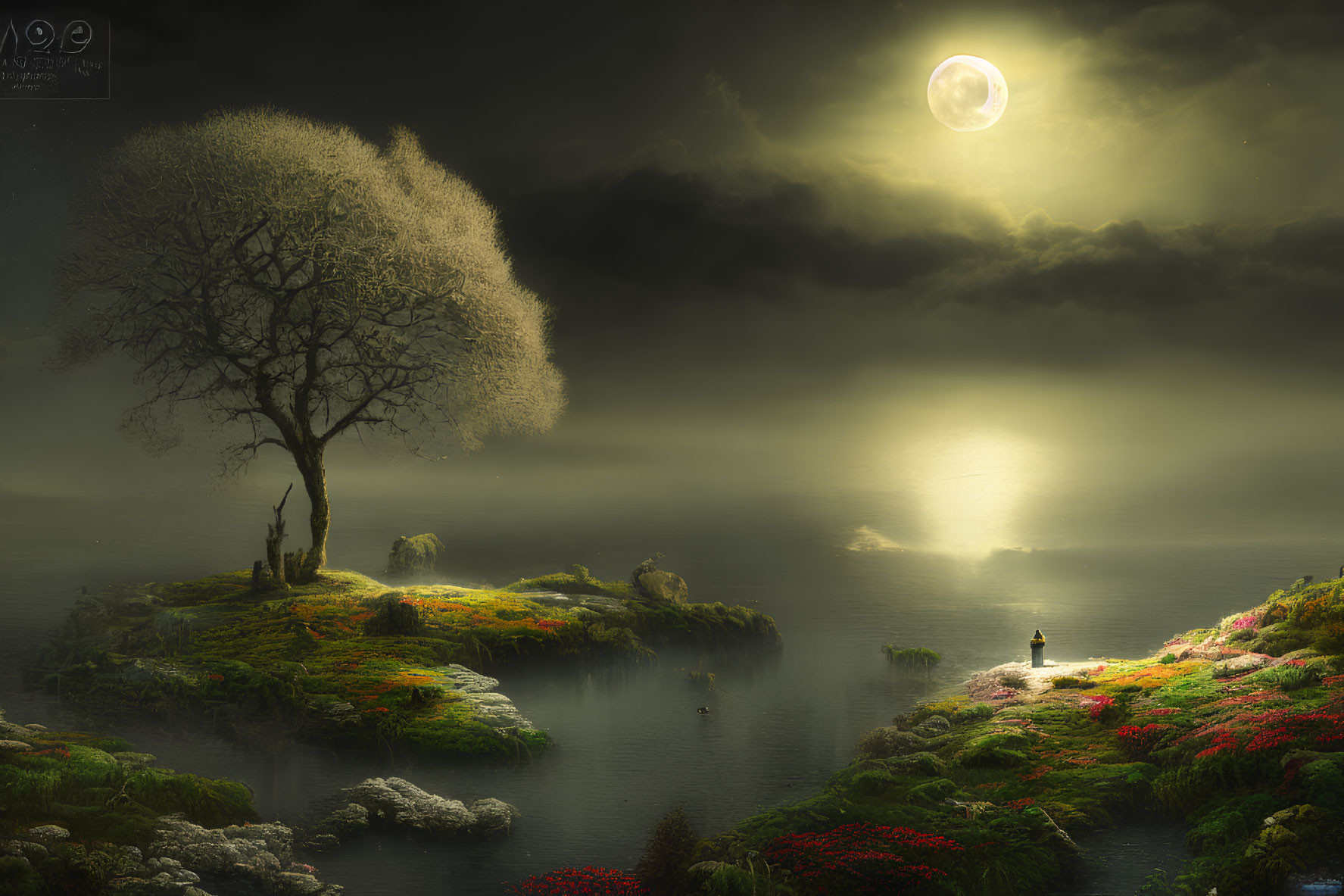 Figure by tranquil lake under full moon and tree.