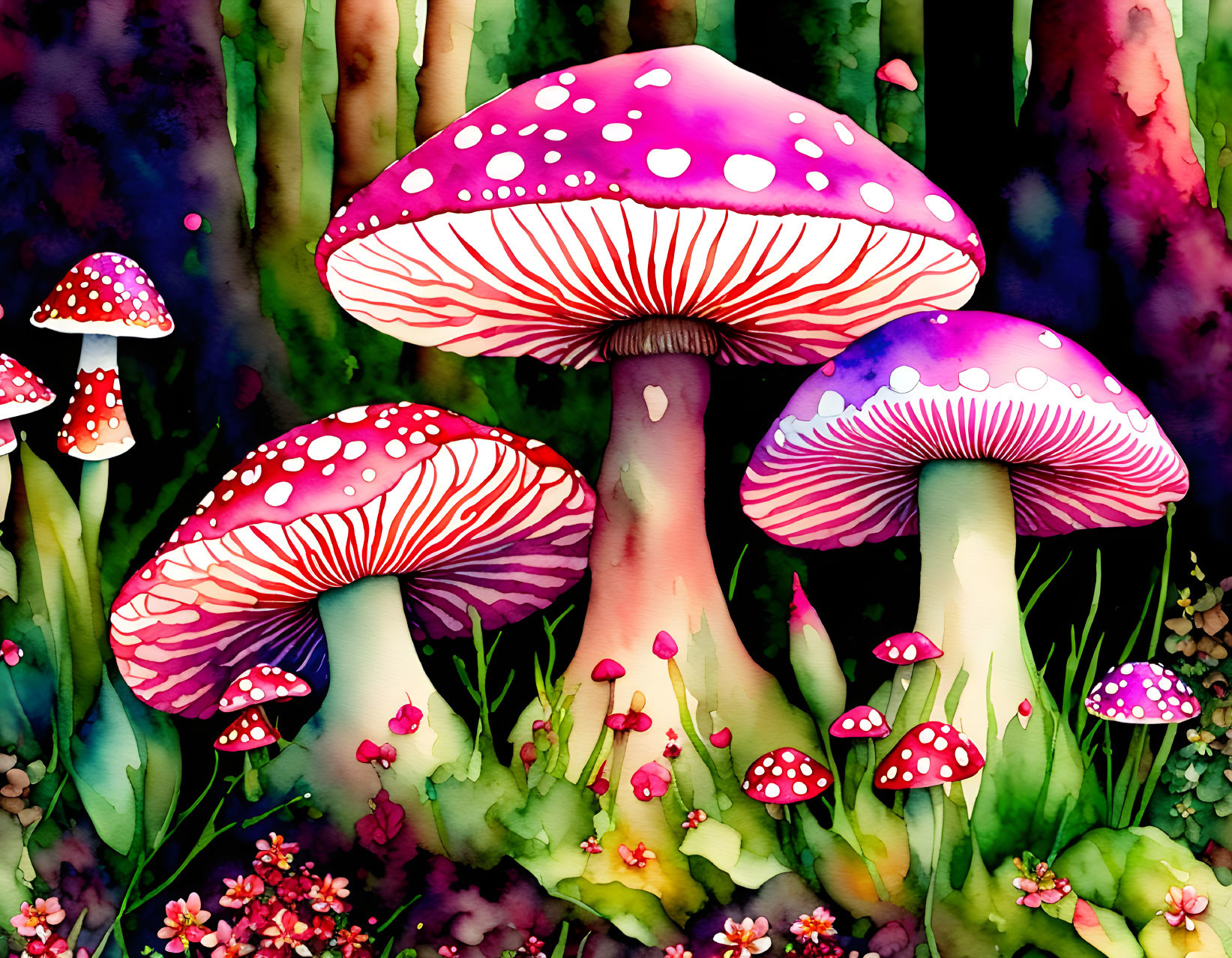 Colorful Watercolor Illustration of Whimsical Mushrooms in Floral Setting