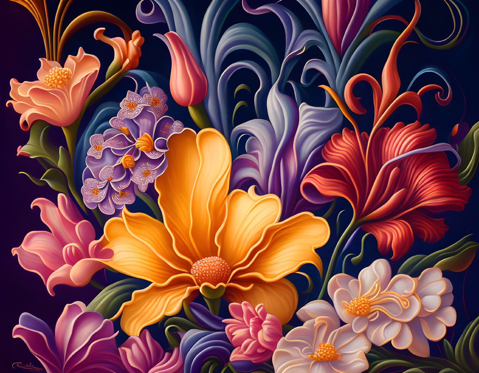 Colorful Stylized Flower Artwork in Orange, Pink, and Purple