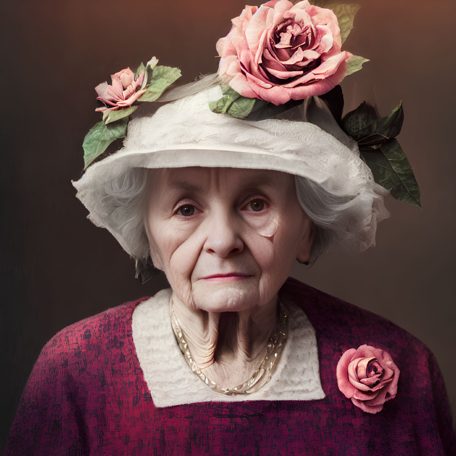 Elderly woman in hat with pink roses and pearl necklace on warm backdrop