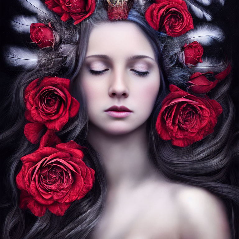 Woman with closed eyes, red rose crown, dark hair blending into background